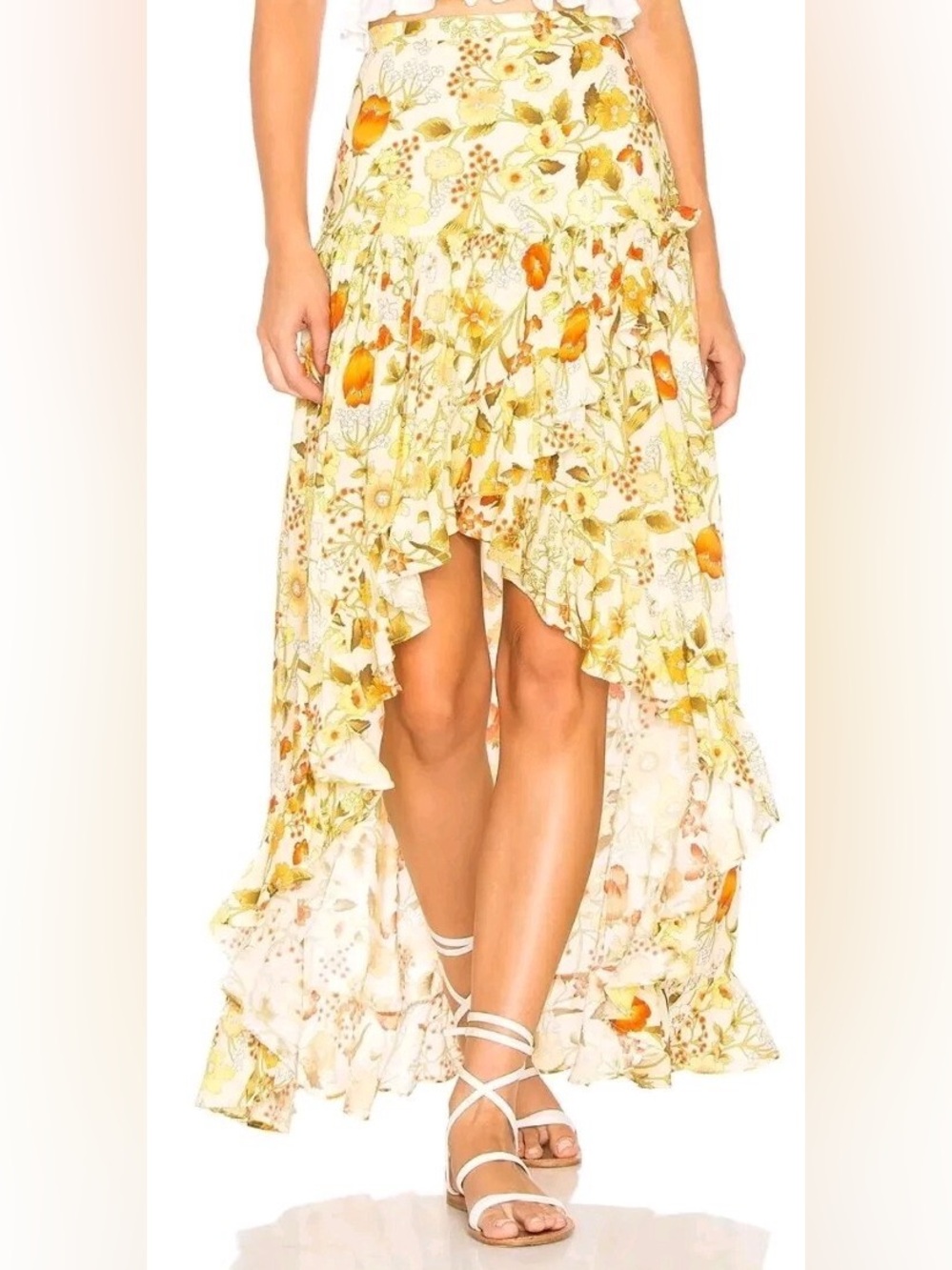 Spell Sayulita Yellow Floral High-Low Ruffle Maxi Skirt